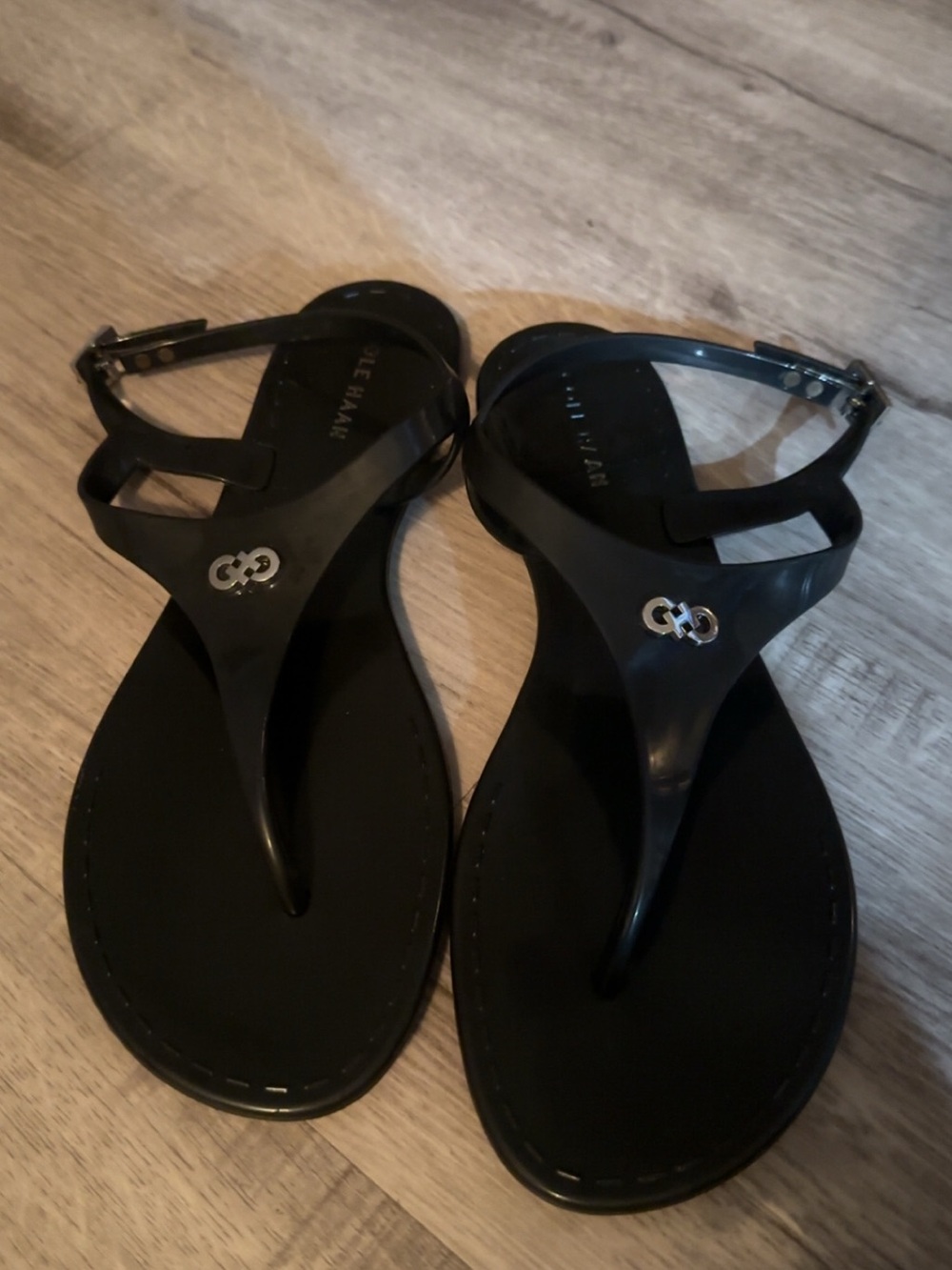 Hannah Black Jelly Thong Sandals with Silver Logo Accent